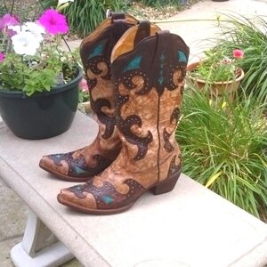 CORRAL AB019 "El Paso" leather snip toe cowgirl boot tan/brown/turquoise sz 9.5